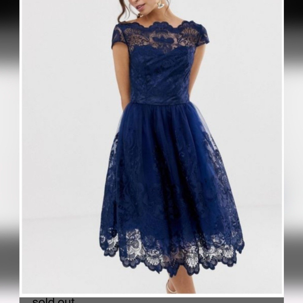 Chi Chi London April Cap Sleeved Embroidered Lace Midi Tea Dress‎ Blue 4 Anthro